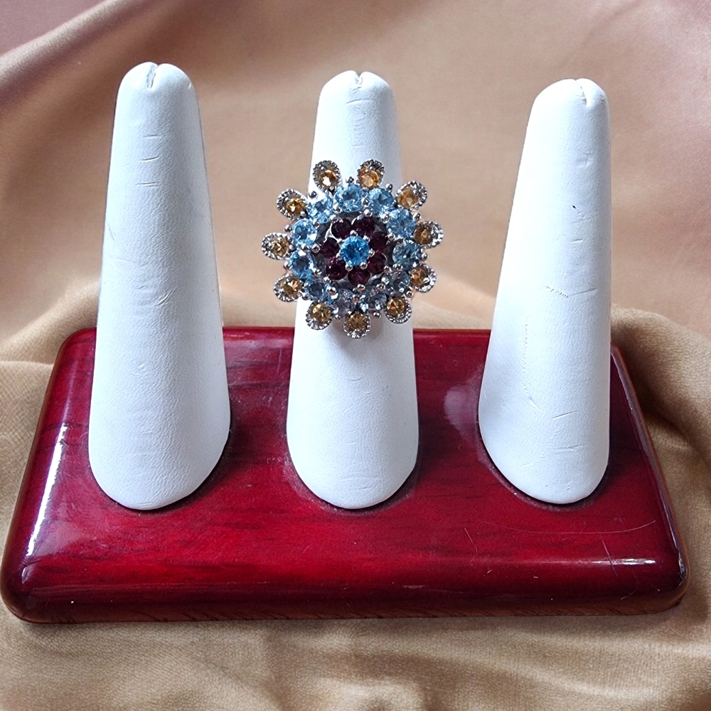 Sterling Silver Garnet Citrine & Blue Topaz Statement Ring